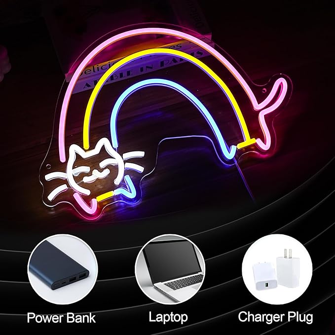 Rainbow Cat Neon Sign Cute Cat Led Light Up Sign Powered by USB Dimmable Colorful Rainbow Neon Light for Bedroom Kids Room Cat Cafe Bar Man Cave Wall Decor