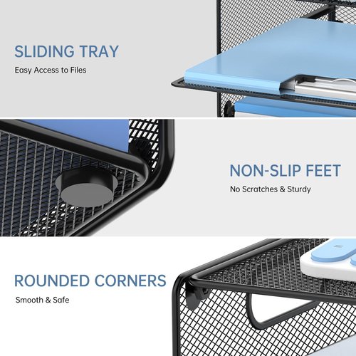 DALTACK 3-Tier Letter Tray - Stylish Mesh Desk Organizer with Handle for Office & Home | Black Metal