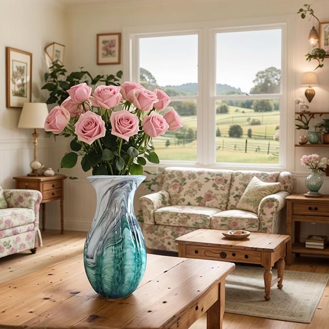 Large Premium Luxury Glass Flower Vase Combining Eastern and Western Aesthetics - Artistic Home Decoration for Living Room, Table, Floor, and Office - 11.2 Inch Multicolor