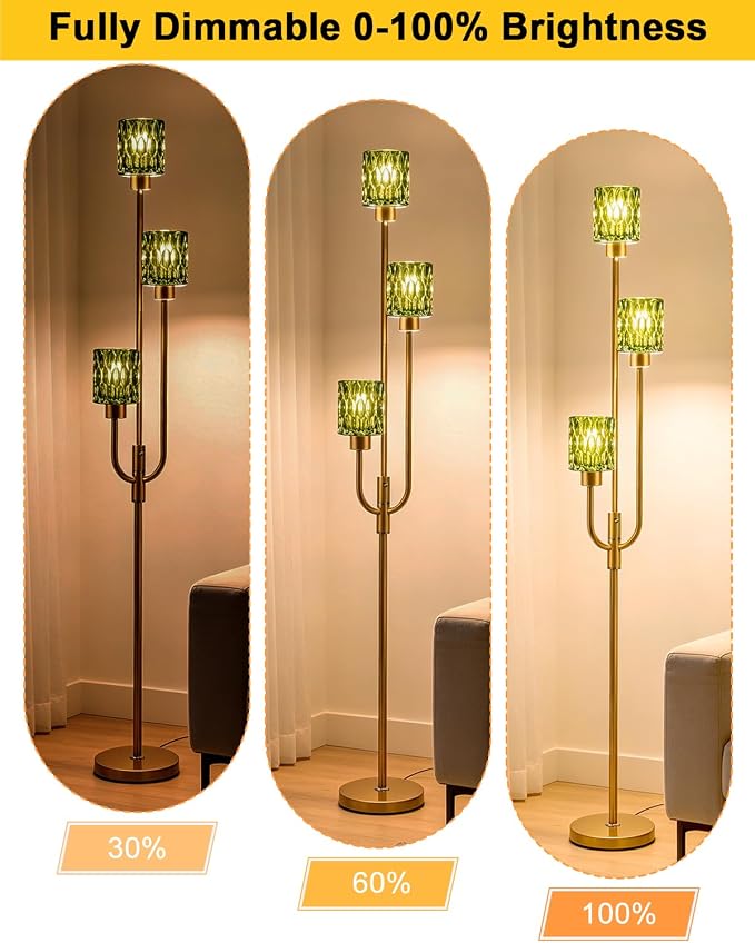 66IN Glass Floor Lamp 3-Lights Modern Gold Dimmable Floor Lamps with 3000K Warm White Bulbs for Wedding Party Modern Tall Standing Lamp with Green Glass Shade for Living Room/Bedroom/Home Decor