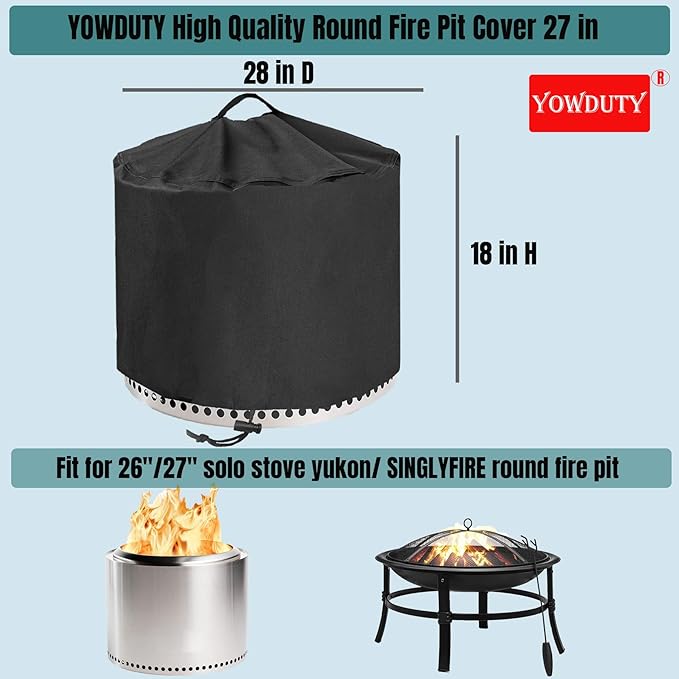 YOWDUTY Round Fire Pit Cover for Solo Stove Yukon 27 Inch, Waterproof Heavy Duty 600D Material Fire Pit Cover for 27" Solo Stove Yukon Series Firepit,Round 28" D x 18" H
