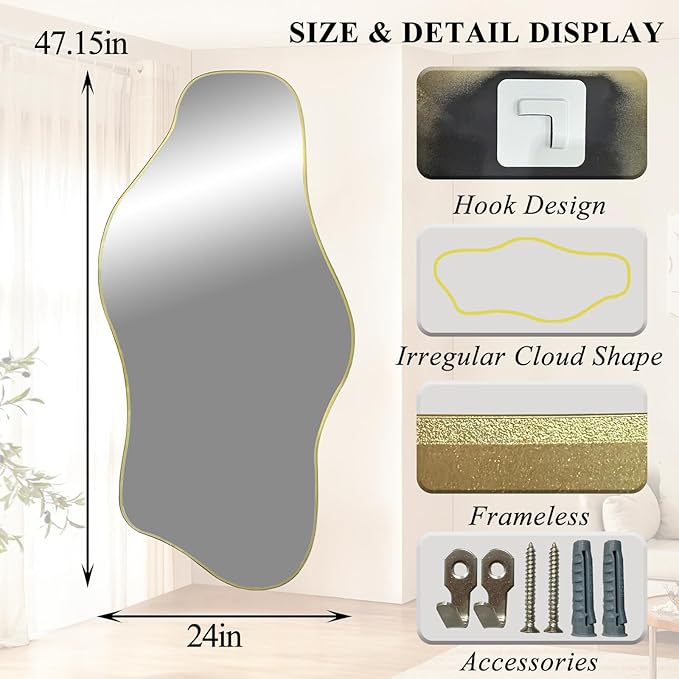 Irregular Wall Mirror, 47.2"x24" Gold Asymmetrical Tempered Glass Mirror, Frameless Organic Shaped Mirrors for Entryway Bedroom Living Room Bathroom, Horizontal or Vertical Hanging