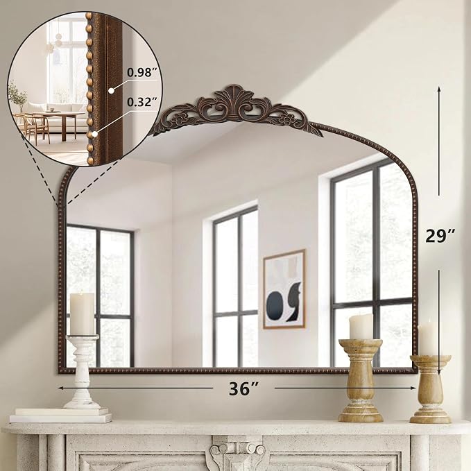 Micasso Bronze Vintage Arched Mirror: 36"x29" French Baroque Antique Wall Mounted Mirror - Traditional Ornate Decorative for Mantle/Fireplace/Living Room/Bedroom/Entryway/Hallway/Wall Decor