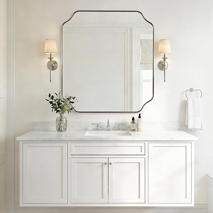 ANDY STAR 28x36 Inch Brushed Nickel Mirror, Silver Bathroom Mirror for Over Sink, Rounded Notched Corner Mirror in Anti-Rust Stainless Steel Thin Frame, Wall Mount Vertically or Horizontally