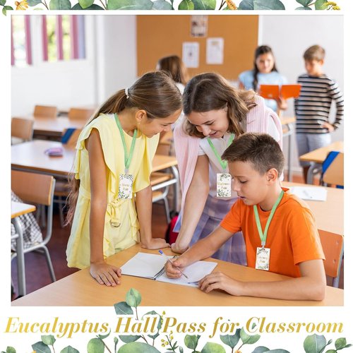 Skiennix 8 Set PVC Hall Pass Lanyards - Durable Eucalyptus Design for School & Office Use