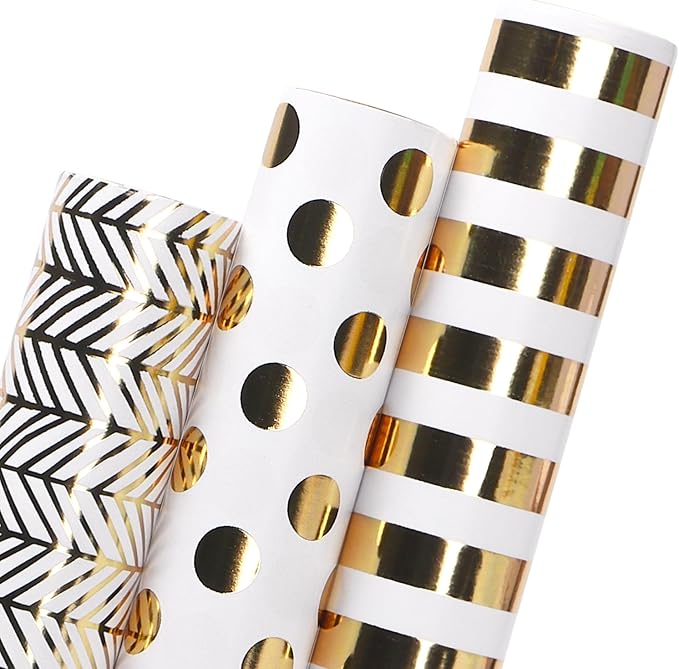 Ribbli Birthday Wrapping Paper White and Gold Gift Wrapping Paper for Christmas Mini Roll, 3 Rolls Polka Dots Stripes Geometry Pattern with Gold Foil - 17 inch x 120 inch(10feet) Per Roll