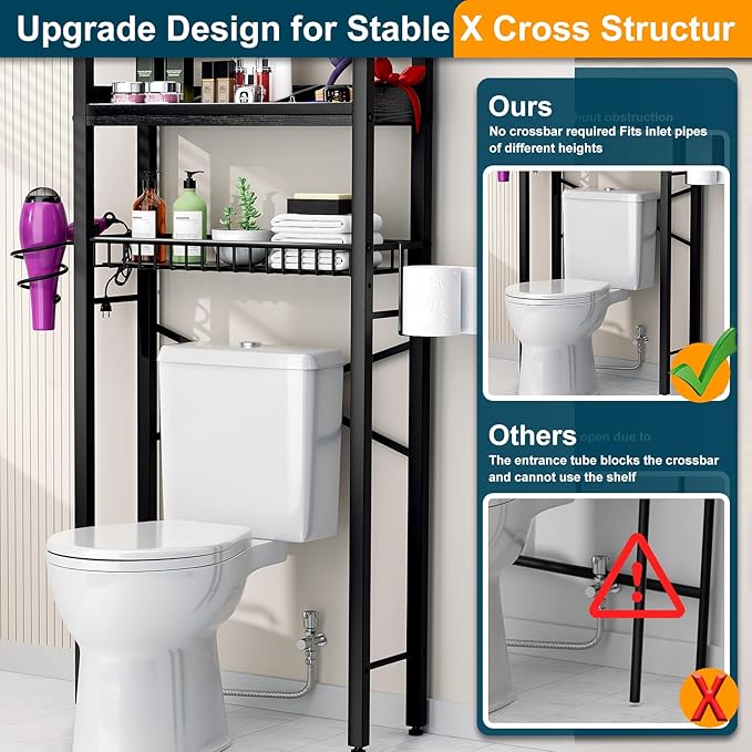 Over The Toilet Storage Cabinet,4 Tier Bathroom Organizer and Storage With Adjustable Shelf Waterproof Feet Pad and Basket Multifunctional Space Saver Freestanding Bathroom Shelves With Dividers Black