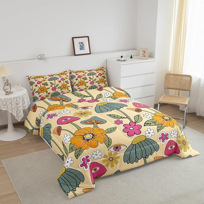Castle Fairy 70s Retro Floral Comforter Set Full Size,Hippie Flowers Leaves Bedding Comforters for Girls Teens,Cartoon Eyes Mushroom Down Comforter with 2 Pillowcases,Chic