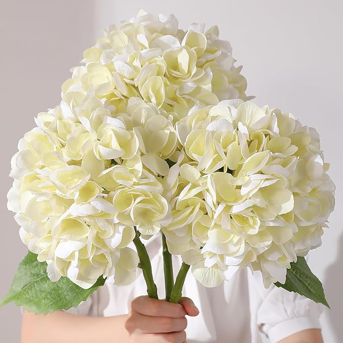 3Pcs Hydrangea Artificial Flowers, 22.44" Real Touch Latex Faux Hydrangea with Long Stems & Leaves for Home Office Decor or Wedding, Party, Centerpieces, Floral Arrangements (Cream White)