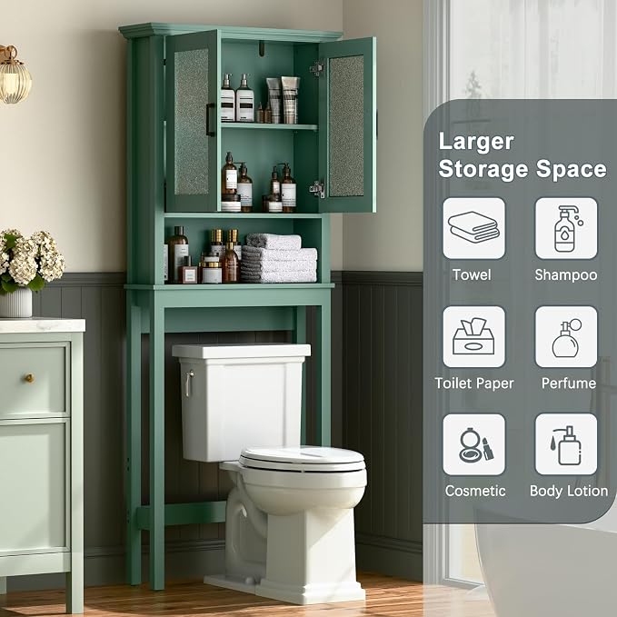 Over The Toilet Storage Cabinet, Over Toilet Bathroom Organizer with Glass Doors and Adjustable Shelf, Thicken Frame Above Toilet Storage Cabinet Behind Toilet Bathroom Organizer, Halcyon Green
