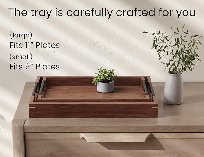 Fibogollo Walnut Wood Set of 2 Serving Tray with Metal Handles,Ottoman Decorative Trays Platter for Coffee Table,Living Room,Bar