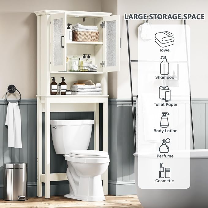 Over The Toilet Storage Cabinet, Over Toilet Bathroom Organizer with Doors and Adjustable Shelf, Thicken Frame Above Toilet Storage Cabinet Behind Toilet Bathroom Organizer, Cream White