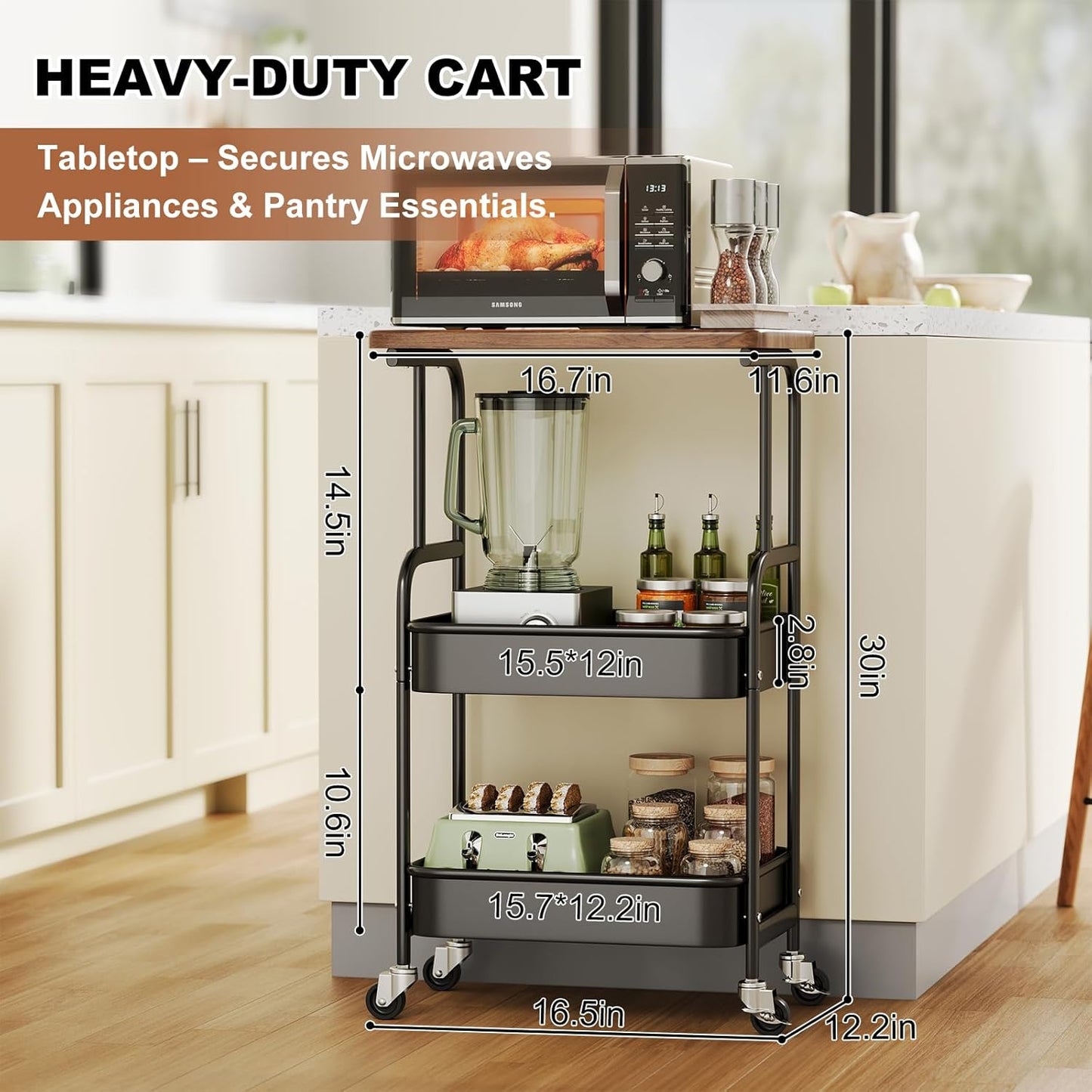 Skiennix Printer Stand - 3-Tier Rolling Cart with Wood Top & Storage Shelf | Mobile Utility for Office & Craft