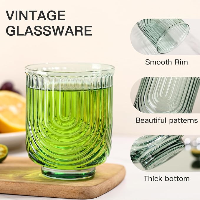 JOVGANK Colored Vintage Drinking Glasses Set of 6-14Oz Colorful Drinking Glasses, Art Deco Ripple Highball Glass, Whiskey Cocktail Glasses, for Bar Coffee Juice, Housewarming and Mother's Day Gift