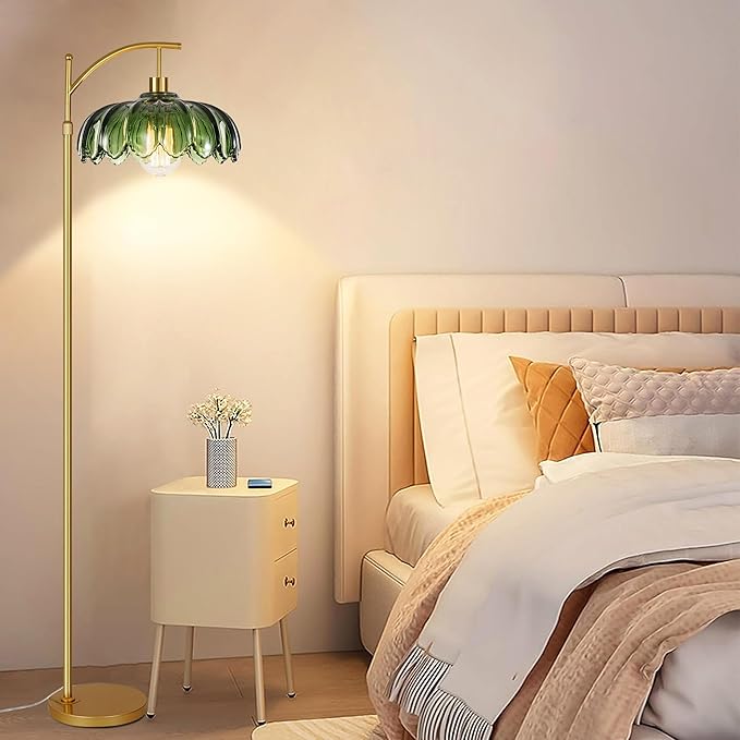 ZECOXOL Gold Floor Lamps for Living Room Vintage Green Floor Lamp with Remote Control & Glass Lampshape,Dimmable Mid Century Modern Standing Lamp Tall Flower Lamp Brass Floor lamp for Bedroom Corner