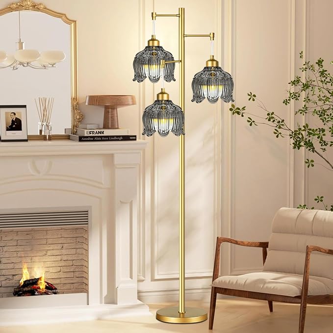 ILLMTW Glass Floor Lamp for Living Room,Bedroom,Gold Mid Century Modern Standing Lamp Brass Tree 3 Light Tall Floor Lamps Vintage Retro Floor Lights Grey Flower Lamp Shade Farmhouse Boho Bohemian