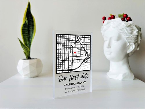 NEXT DAY SHIP Custom Our First Date Map Acrylic Plaque - Personalized Couple Gift for Anniversary & Valentine's Day