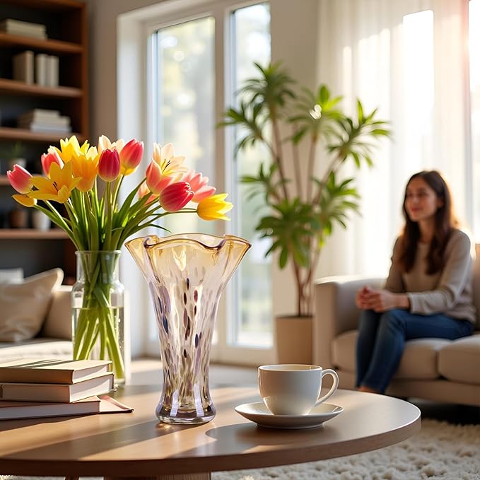9.0"H Amber Glass Vases for Flowers, Unique Hand Blown Glass Vase Amber Gold Home Decor, Wide Mouth Colorful Flower Vase Centerpieces, For Living Room Table Bookshelf, Bathroom Office Shelf Decorative