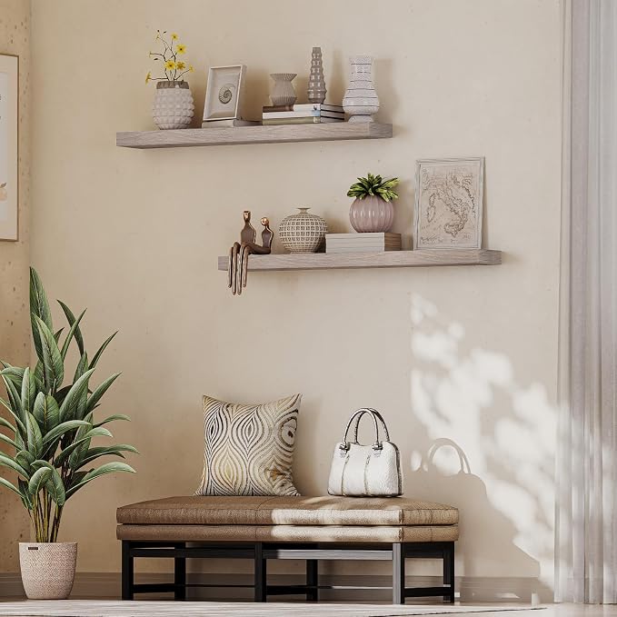 HOOBRO Floating Shelves for Wall, Wall Mounted Shelf Set of 2, 47.2" Hanging Shelf with Invisible Brackets, for Wall Decor Storage in Bathroom Bedroom Kitchen Living Room Office, Greige BG120BJP201