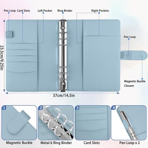 Antner A5 Notebook Binder - Refillable PU Leather Budget Planner Cover | Cash Organizer & Kpop Photocard Holder in Airy Blue