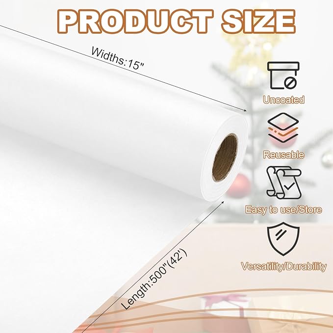 PATIKIL Wrapping Paper, 15" x 500"(42') 70 GSM Craft Paper Roll Kraft Packing Paper for Poster Bulletin Board, Gift Wrapping, White