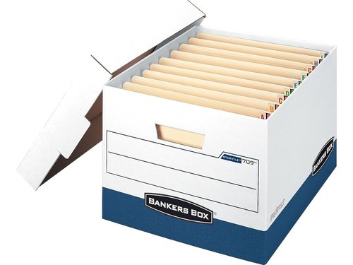 Bankers Box Heavy-Duty File Storage Boxes - 12 Pack with FastFold Lift-Off Lid | White/Blue