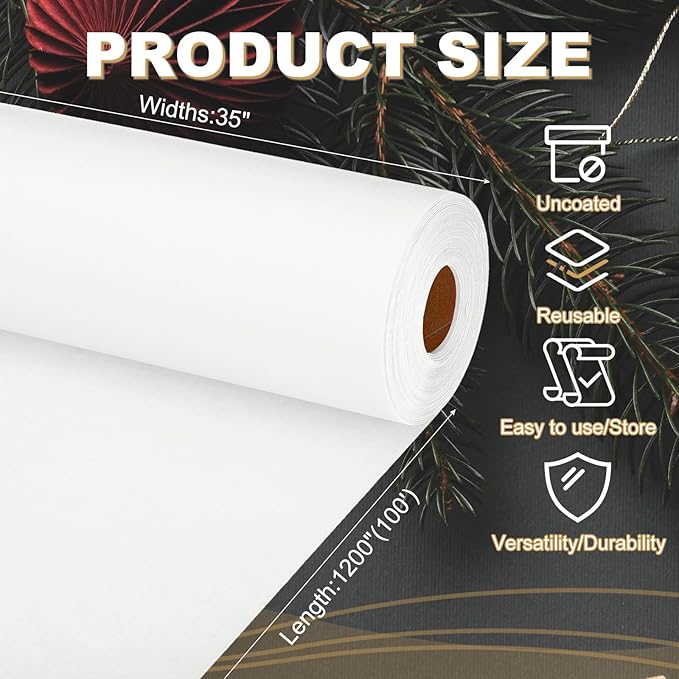 PATIKIL Wrapping Paper, 35"x1200"(100') Bulletin Board Paper Roll Kraft Paper Roll Construction 80GSM for Shipping Packing Gift Wrapping Craft Flower Bouquet Christmas, White