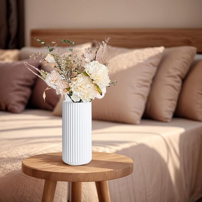 Ekirlin White Ceramic Flower Vase - 8 inch Small Vase for Home Decor, Pampas Grass Decorative Centerpiece Ribbed Vase for Dining Table, Office, Desktop, Mantel, Entryway, Farmhouse, Best Gift