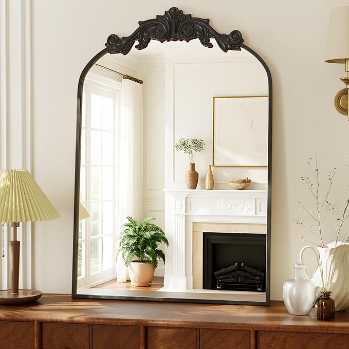 VooBang Vintage Arched Bathroom Mirror, 24x36 Inch Retro Wall Mounted Vanity Mirror with Carved Pattern Top and Metal Frame, Black Decorative Mirror for Hanging or Leaning