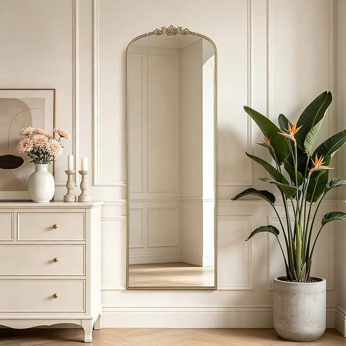 WallBeyond Gold Vintage Full Length Mirror with Stand for Vanity 22x65 Inch, Gold Antique Mirror with Ornate Frame, Arched Vintage for Bathroom, Living Room, Bedroom, Entryway