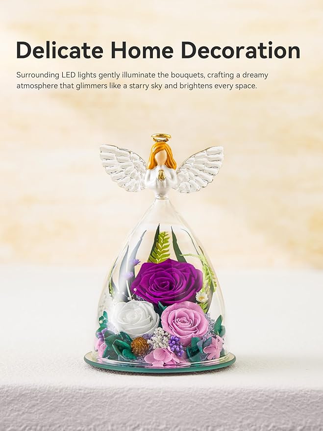 Gifts for Women Forever Flowers Preserved Rose in Glass Angel Figurine Real Colorful Roses Birthday Gifts for Her Grandma Sister Daughter Wife, Purple