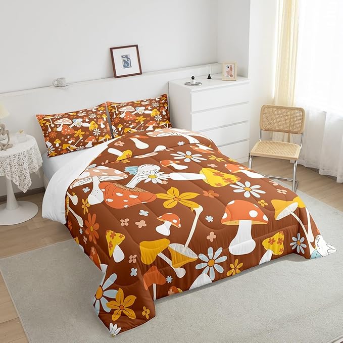 Castle Fairy 60s 70s Retro Hippie Comforter Set Full Size,Groovy Flowers Mushroom Print Bedding Comforters for Girls Teens,Boho Art Down Comforter with 2 Pillowcases,Chic