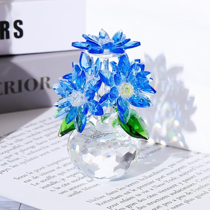 YWHL Beautiful Crystal Flower Gifts for Women, Blue Glass Flower Figurine with Stand, Handmade Art Collectible Statue Decor (Blue)