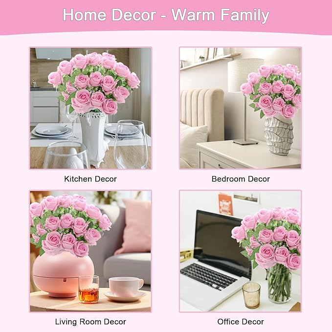 50Pcs Pink Roses Artificial Flowers Fake Roses Faux Velvet Silk Flower for Home Wedding Decoration (Pearl Rose, Gradient Pink)