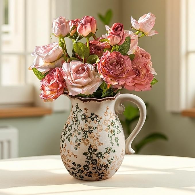 Green and Beige Vintage Vase with Handle,Retro Chinoiserie Vase,Farmhouse Antique Decorative Ceramic Vases for Home Decor,Living Room, Bookshelf, Office, Grand Millennial Decor(H8.05 Inch)