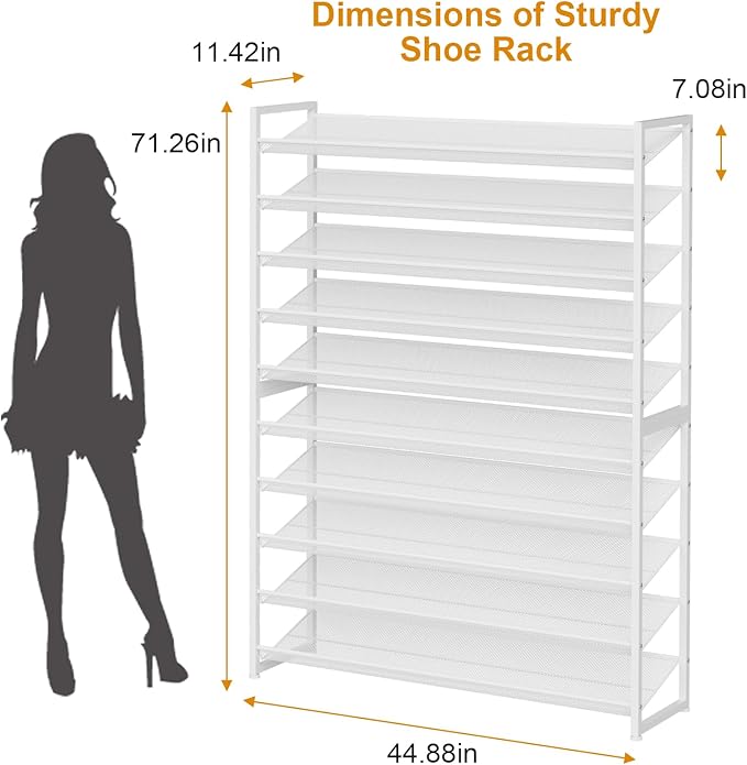 NEYCIL Large Shoe Rack 10 Tier Shoe Organizer, Heavy Duty Metal 5-Tier Stackable Shoe Storage Vertical Shoe Rack for Closet Front Door Entrance, Up to 62 Pairs, 44.8" W x 11.4" D x 71.2" H, White