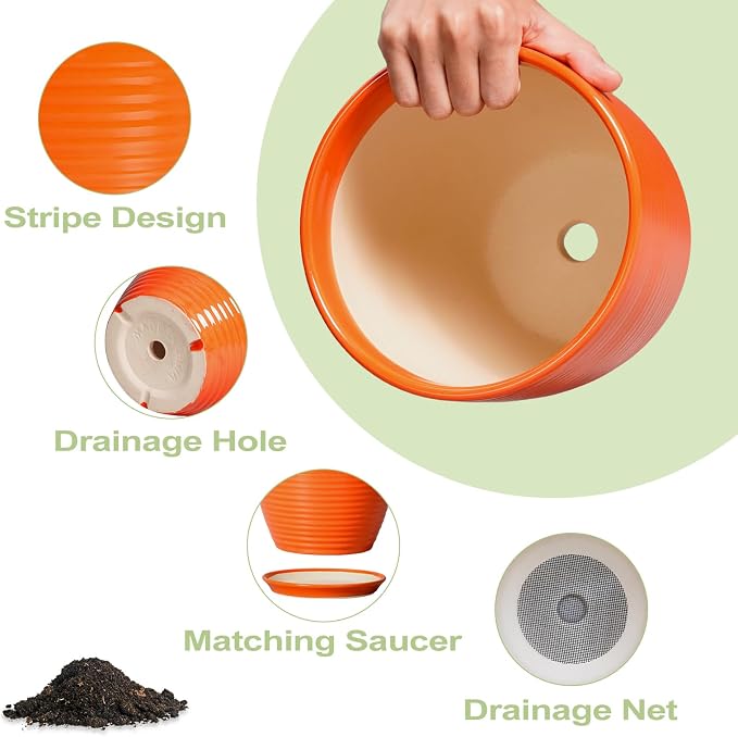 10 Inch Plant Pot, Ceramic Planters for Plants with Drainage and Saucer, Orange