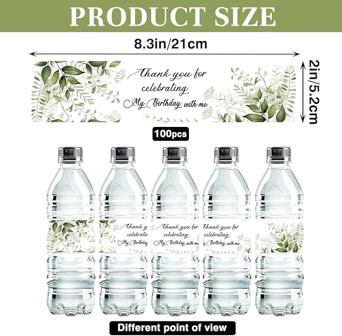 100 Pcs Greenery Floral Birthday Water Bottle Labels Sticker for Party Table Decoration Party Supplies Birthday Gift Ideas for Women Her