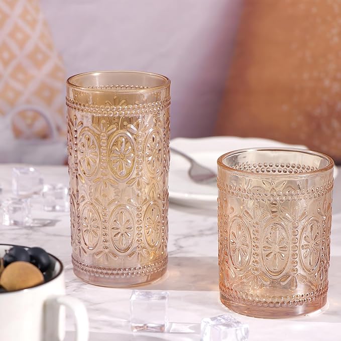 Amber Glassware Set of 4, Vintage Drinking Glasses, Colored Glassware Drinking, Highball Embossed Beverage Glasses Cup for Water, Juice, Cocktail, Coffee (2pcs12oz+2pcs10oz）