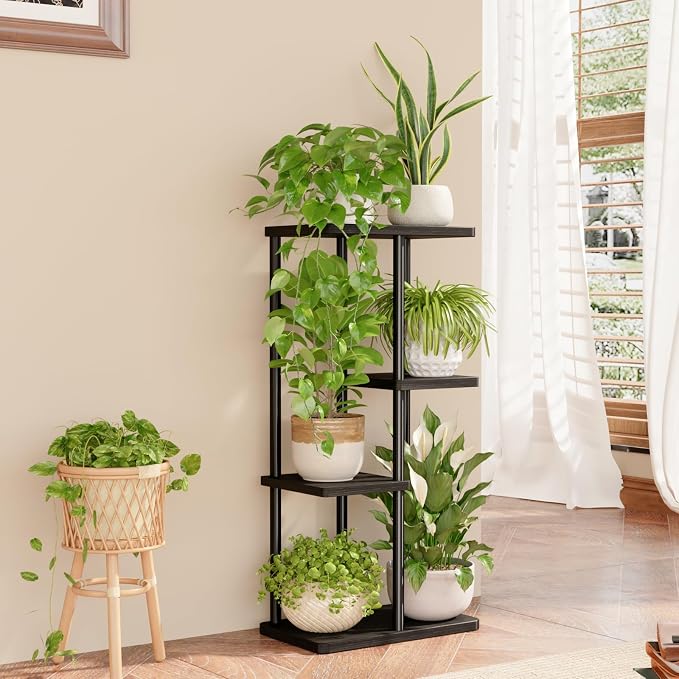 Bamworld Corner Plant Stand Indoor, 4 Tier Metal Plant Shelf for Multiple Plants, Tiered Flower Pot Stands for Patio Garden Balcony Living Room Bedroom, Black