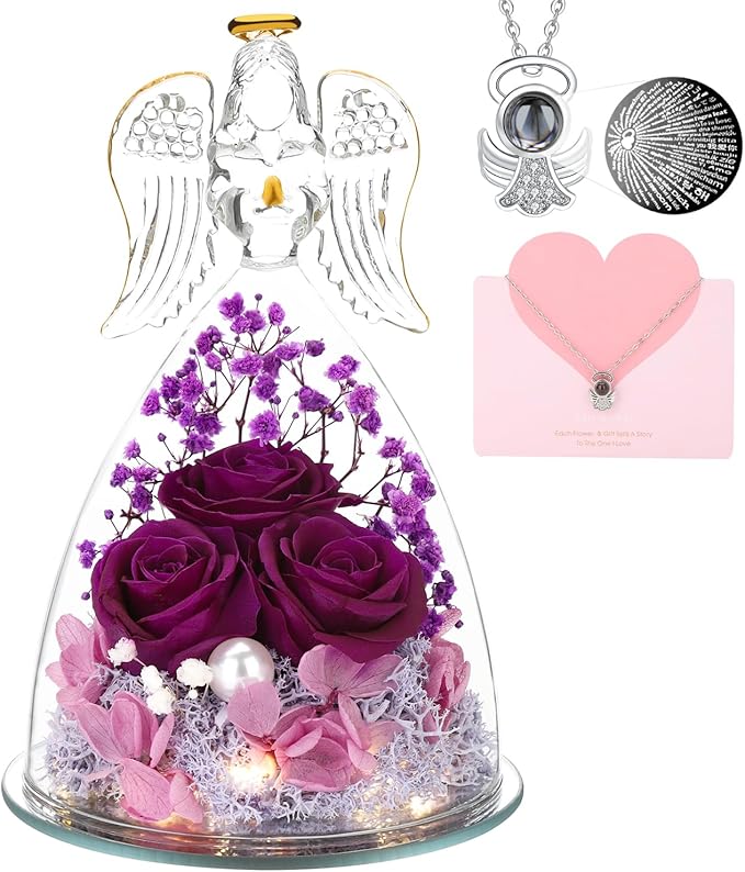 ANWEAO Christmas Flower Gifts for Mom,Angel Rose Gifts for Women,Glass Angel Figurine with Preserved Three Purple Roses,Forever Flowers Women Christmas Birthday Gifts for Mom Grandma Wife Her Friend