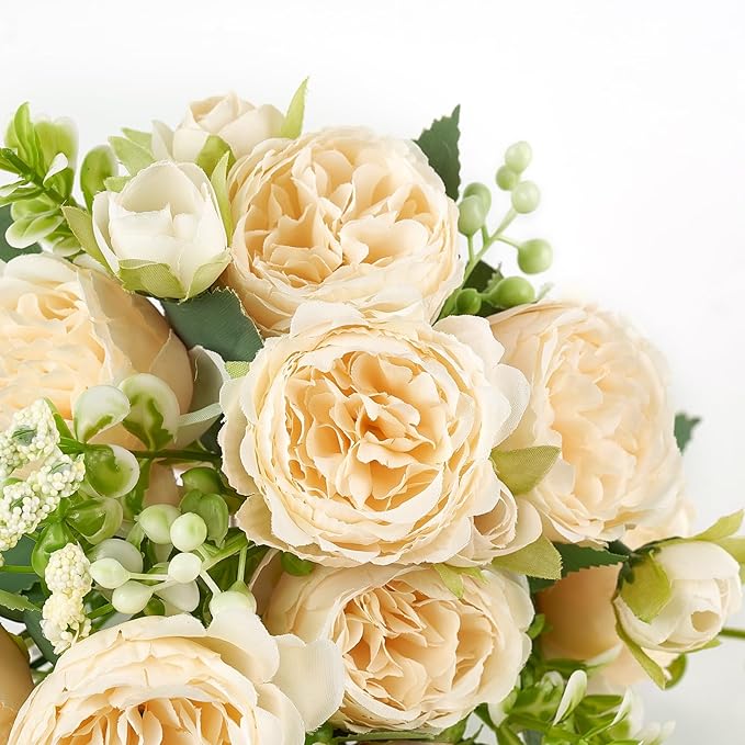 Mkono Peonies Artificial Flowers, Small Silk Flowers for Home Decor Indoor Fake Bouquet Faux Floral Arrangements Dining Table Centerpieces for Kitchen Bridal Wedding Party Decor Champagne