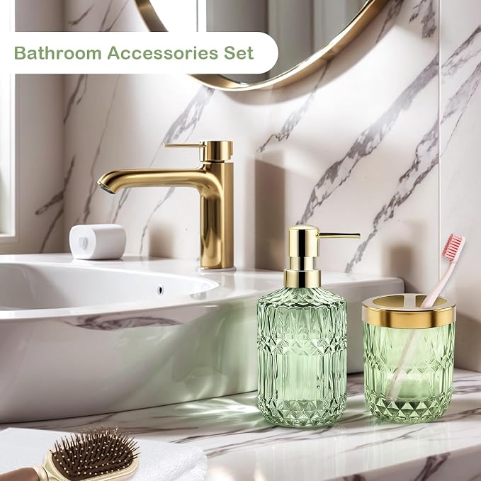 2Pcs Green Bathroom Accessories Set, Glass Bathroom Accessories, Vintage Bathroom Countertop Decoration Includes Soap Dispenser, Toothbrush Holder
