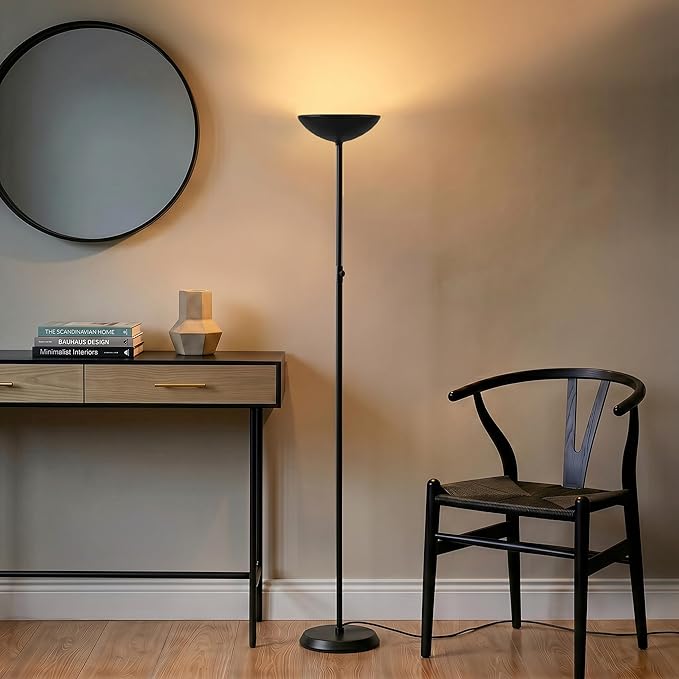 Brightech SkyLite LED Floor lamp, Torchiere Super Bright Floor Lamp for Living Rooms & Offices - 3 Way Dimmable Tall Torch Lamp, High Lumen Standing Pole Lamp for Bedroom Reading - Black