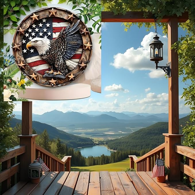Eagle Wings Patriotic Aluminum Metal Wall Art - Weatherproof Round American Flag with Bald Eagle Decor, Pre-Drilled HD Print Sign for Home, Garage, Bar, Cafe7.98x7.98Inch Diameter