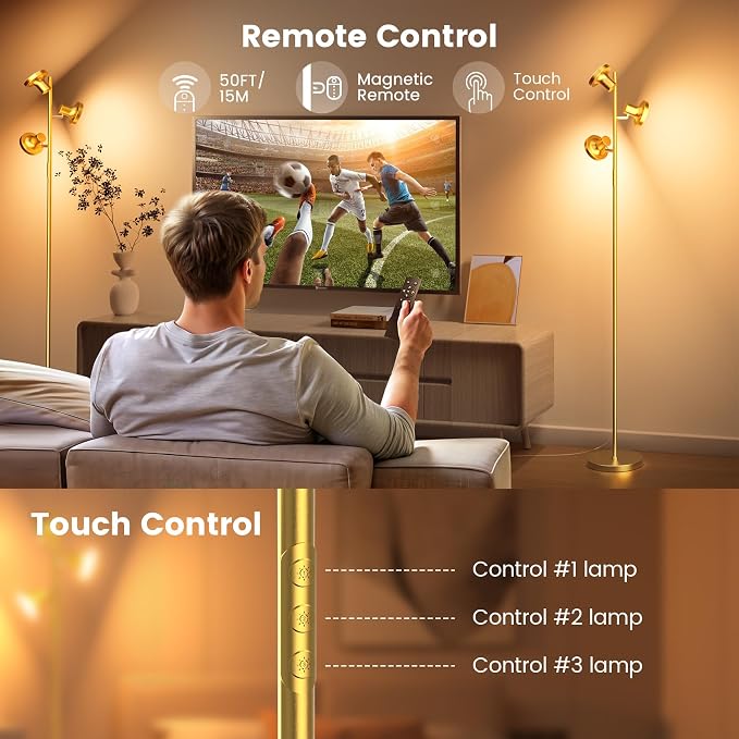 SIBRILLE 36W LED Tree Floor Lamp, Modern Dimmable Standing Lamp with Remote & Touch Control, 4 Color Temperatures, 3 Rotatable LED Light Floor Lamps for Living Room, Bedroom, Office