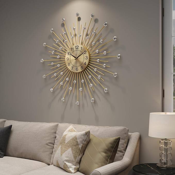 Cuspin Large Gold Wall Clock 30 Inch, Crystal Sunburst Mid Century Modern Clocks for Living Room Decor, Luxury Decorative Battery Operated Metal Clock Silent Non Ticking for Home Ddecor