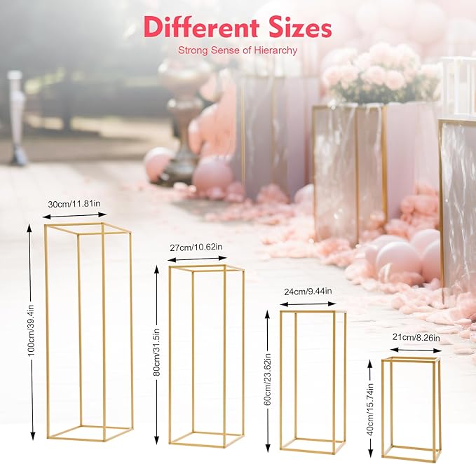 4Pcs Gold Wedding Flower Stands, 4 Different Sizes Metal Column Flower Holders Gold Flower Centerpieces Stands Wedding Metal Centerpieces Rectangular Vase for Wedding Decorations Party Event (4Pcs)