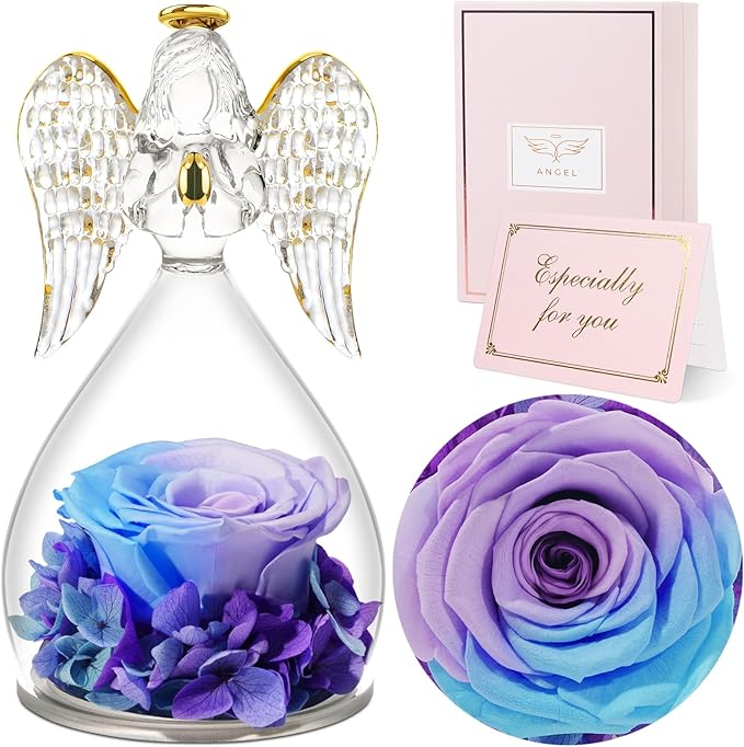 Sunia Preserved Flower Rose Gift for Women - Mother's Day Birthday Gifts for Mom Wife Grandma, Glass Angel Figurines Forever Real Roses Gifts for Her Valentine Day Thanksgiving﻿ (Blue Purple)
