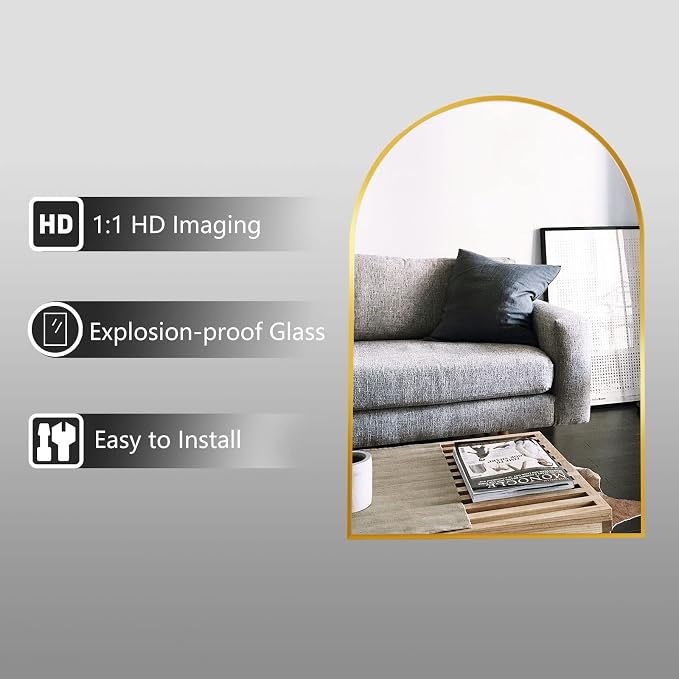 HARRITPURE 2Pcs Arched Bathroom Mirror Wall Mounted Mirror Aluminum Alloy Frame for Bathroom,Vanity Mirror Home Decor for Bathroom Bedroom Living Room Entryway (Gold, 20"*30")